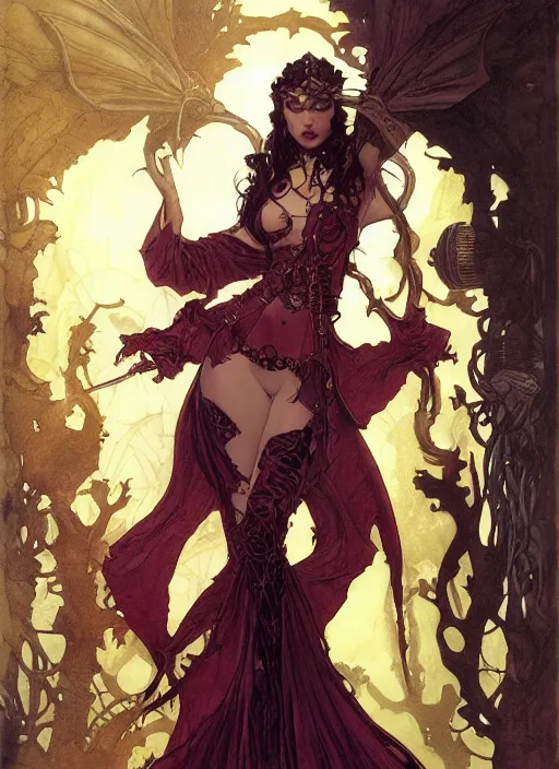 Image similar to drawing of a beautiful vampire woman, armor plates, by marc simonetti and brian froud and mike mignola and alfons maria mucha and peter mohrbacher, hyperdetailed