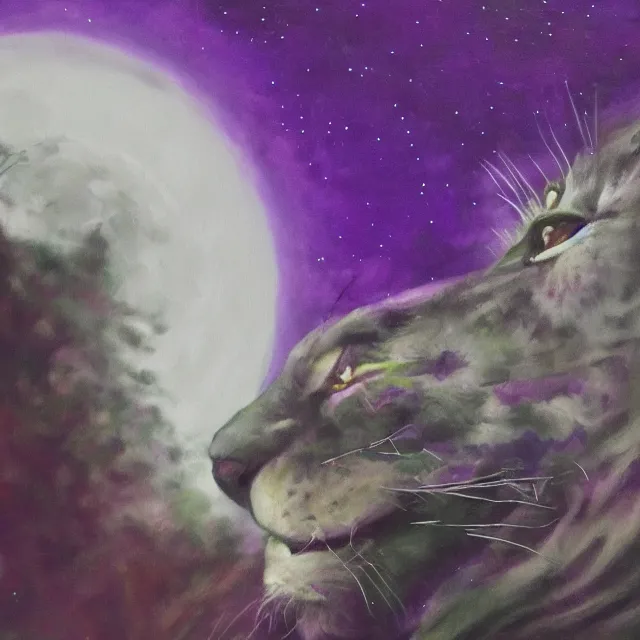 Image similar to closeup of a purple panther roaring at the moon in the forest. night. large moon in the center. cinematic. oil painting. concept art