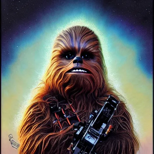 Image similar to hyper detailed masterpiece, chewbacca portrait jean giraud, digital art painting, darkwave goth aesthetic, psychedelic, artgerm, donato giancola, tom bagshaw