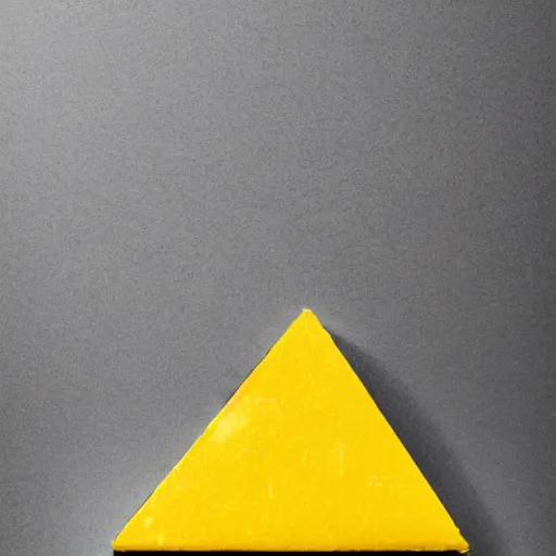 Image similar to a yellow triangle made of bricks with a top hat answering a phone, hyperrealism