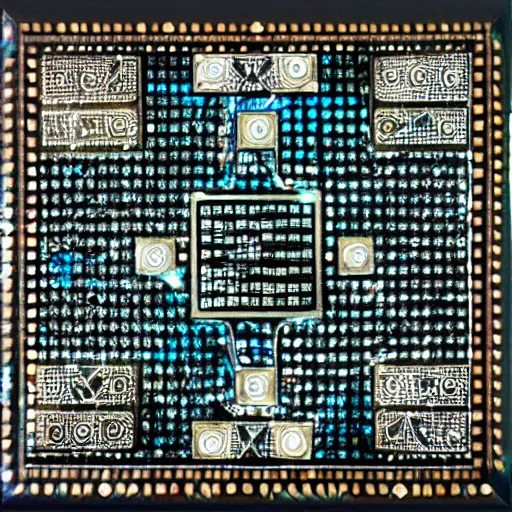 Prompt: black cube on a black background with intricate iridescent mother - of - pearl inlay art in the style of a circuit board