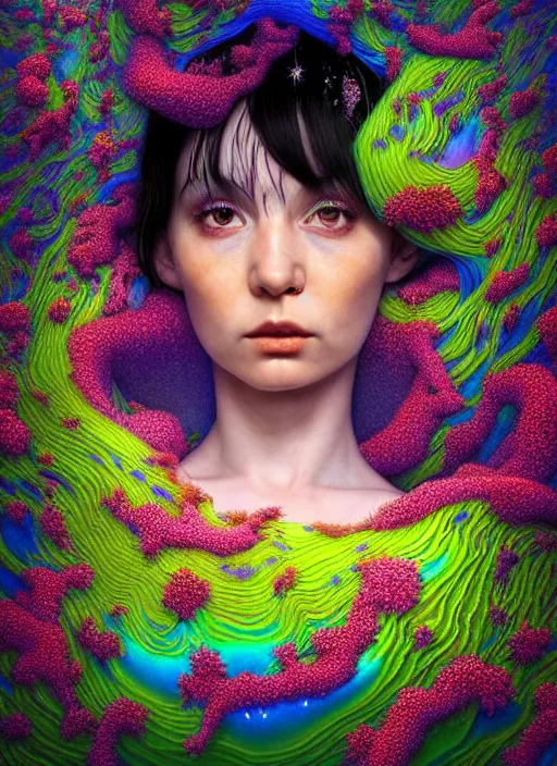 Image similar to hyper detailed 3d render like a Oil painting - kawaii portrait Aurora (black haired Fae) seen shocked and Eating of the Strangling network of yellowcake aerochrome and milky Fruit and Her delicate Hands hold of gossamer polyp blossoms bring iridescent fungal flowers whose spores black the foolish stars by Jacek Yerka, Mariusz Lewandowski, Houdini algorithmic generative render, Abstract brush strokes, Masterpiece, Edward Hopper and James Gilleard, Zdzislaw Beksinski, Mark Ryden, Wolfgang Lettl, hints of Yayoi Kasuma, octane render, 8k