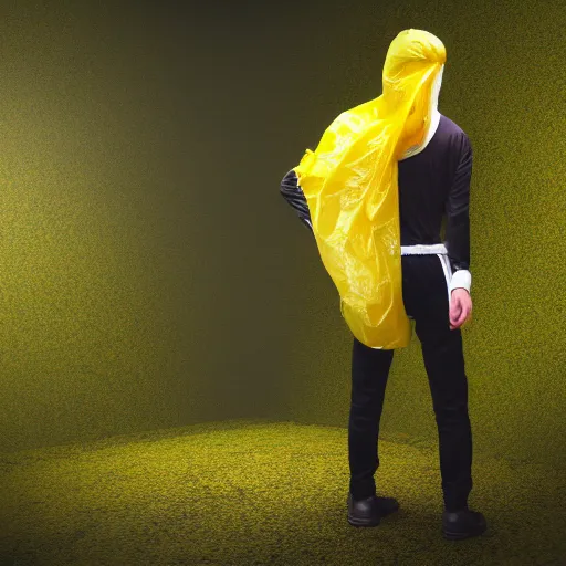 Image similar to photo studio with rainforest and foggy background. fisherman in yellow balenciaga cloth, plastic bag and black mask. photorealistic high resolution, redshift render, 8 k