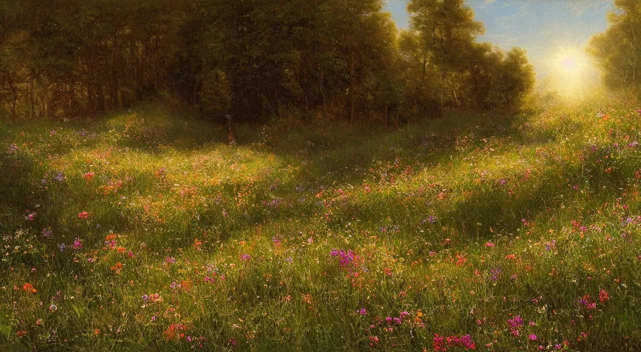 Prompt: rhythmic interval tectonic surfaces as resonant waves of harmonic organic mystical megastructure crystal lattices in a meadow full of wildflowers by albert bierstadt, by glen small, photorealistic, god rays, octane, depth of field,