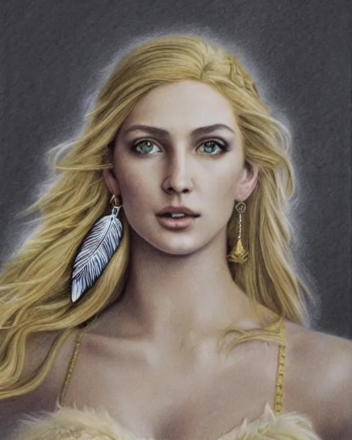 Image similar to pencil drawing of beautiful greek goddess aphrodite with arrowhead earrings and beautiful feather jewelry, beautiful piercing eyes, beautiful blonde hair flying in the wind, hyper realistic face, in the style of greg rutkowski, fantasy, amazing detail, epic, elegant, smooth, sharp focus, from the front