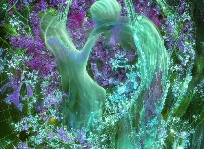 Image similar to glowing delicate flower and mushrooms that grow in a dark fatansy forest on the planet Pandora, an idealistic marble statue with fractal flowery hair in a fractal garden,