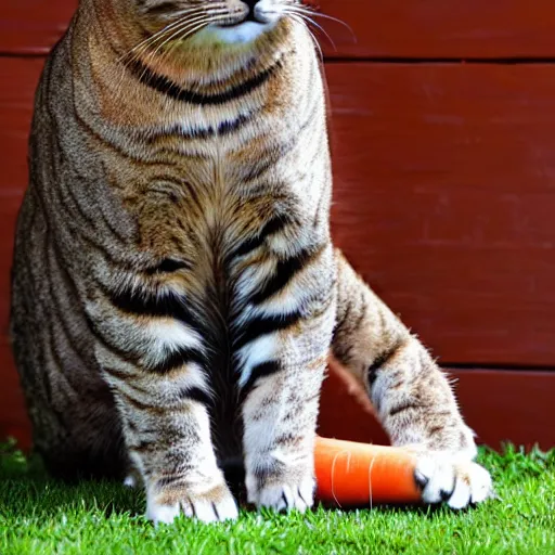 Image similar to big tabby cat with white paws biting a carrot