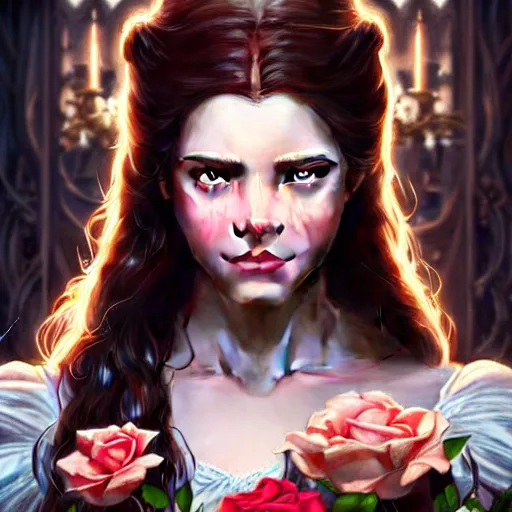 Prompt: belle beauty and the beast ; ultra realistic, concept art, intricate details, eerie, haunting, highly detailed, photorealistic, octane render, 8 k, unreal engine. art by artgerm and greg rutkowski and charlie bowater and magali villeneuve and alphonse mucha