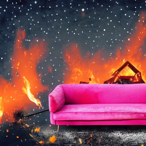 Image similar to a pink couch with orange polka dots on fire in the middle of a junkyard, illustrated, cosmic horror, smoke and ash