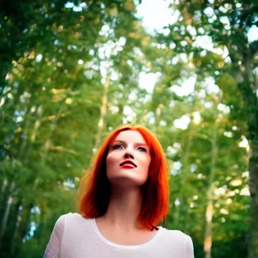 Image similar to beautiful redhead woman looking up at an angle full body with magic hour light y