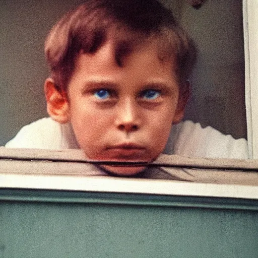 Image similar to Zoomed cropped closeup of unexpected voyeuristic eye contact with neighbor in window, Technicolor, telephoto lens, vintage photograph