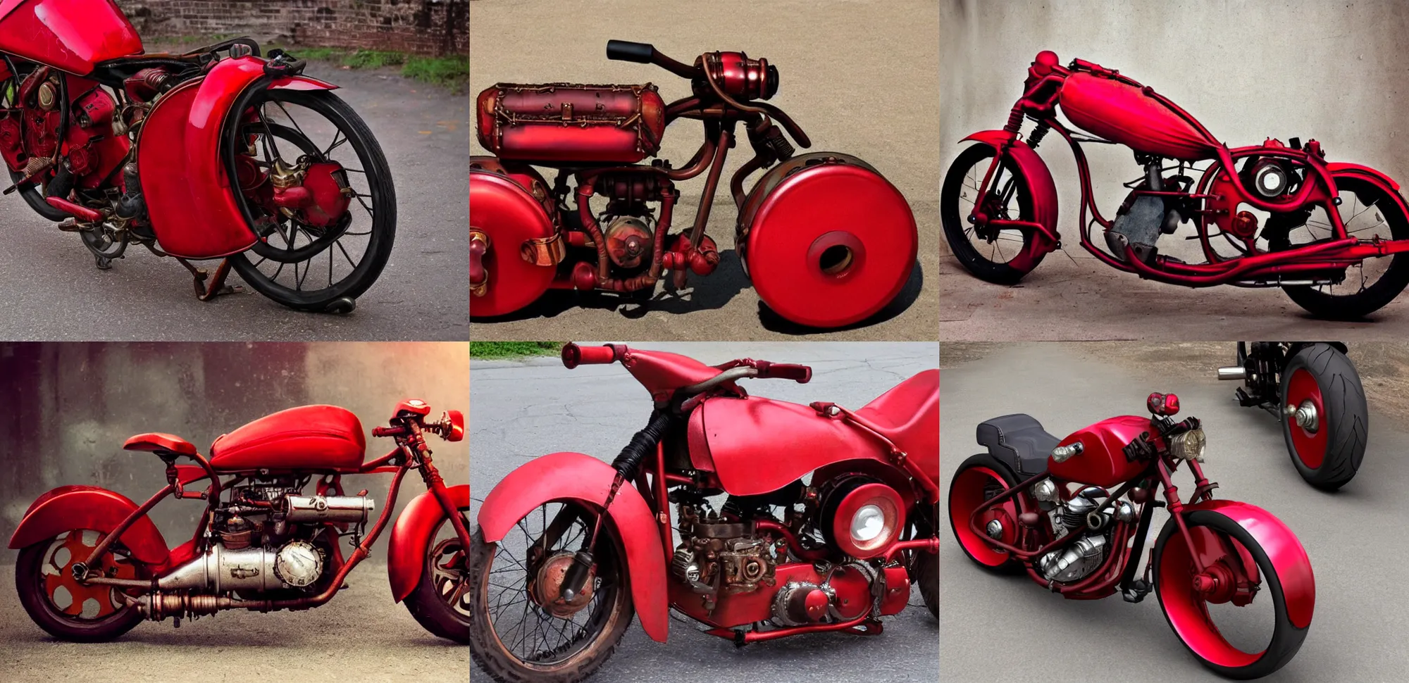 Prompt: steampunk motorcycle red color with side mirrors and saddle bags, first person view dramatic lighting red