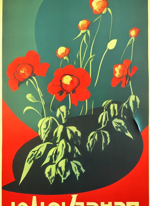 Image similar to soviet propaganda poster of phrase'tend to the flowers ', socialist realism