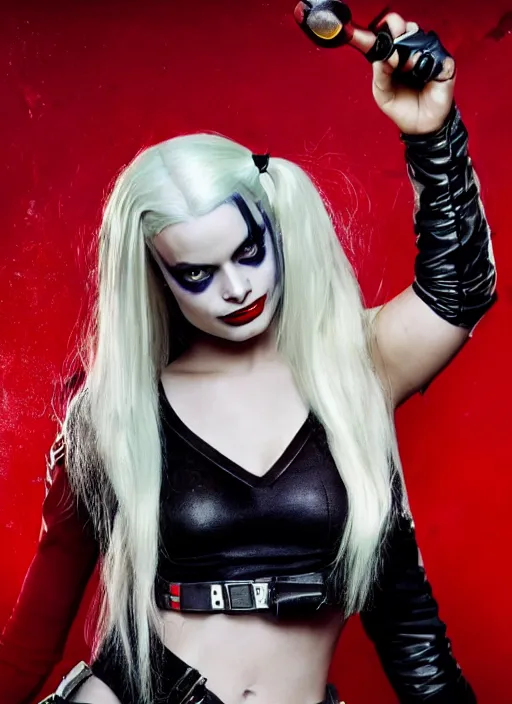 Image similar to photo of seductive beautiful suicide squad happy margot robbie with long white hair that looks like harley quinn standing on the wet street of gotham city, pinup model, glamour fashion pose, cinematic, volumetric lighting octane, studio lighting, global illumination, arney freytag,
