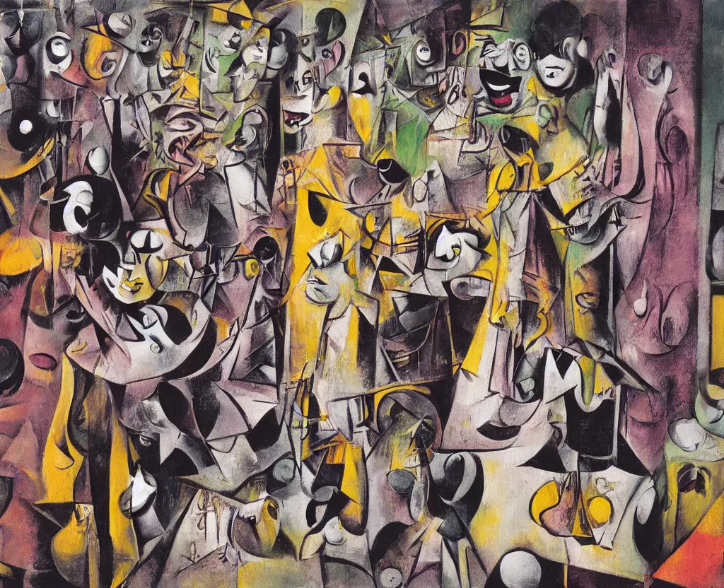 Prompt: a surreal painting of a group of masked clowns dancing through a glass and steel metropolis by francis bacon and georges braque, saturated color scheme
