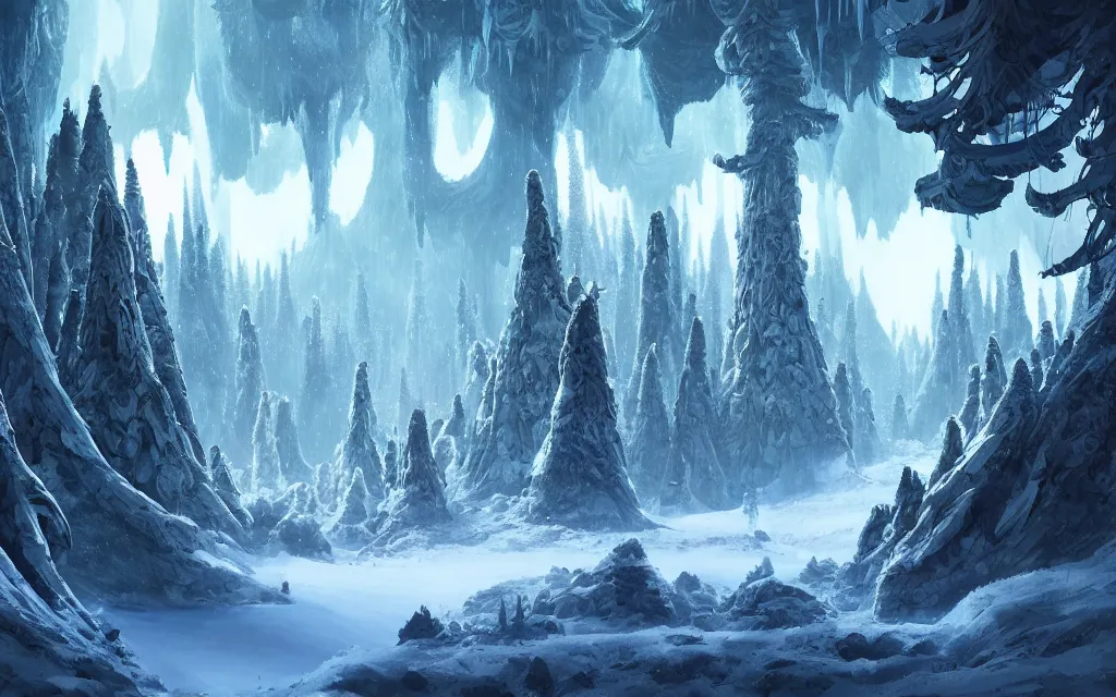Prompt: a beautiful highly detailed matte painting of an alien planet with a boreal forest with majestic spruces and a snowy cavern by Jose Daniel Cabrera Pena and Leonid Kozienko, Noah Bradley concept art