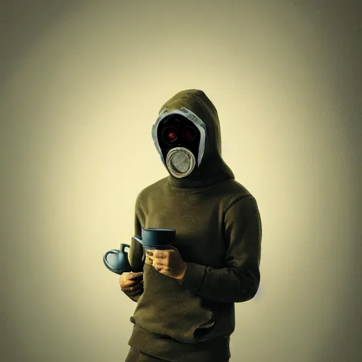 Prompt: an intricate photograph of a man wearing hoodie and gas mask holding a coffeet mug, ultra detailed, highly detailed, cinematic lighting, Artstation, 8k, portrait, concept art, hyper realistic, cgsociety