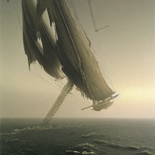 Image similar to a galleon by Zdzisław Beksiński, oil on canvas