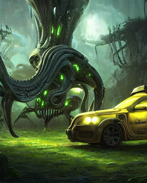 Image similar to xenomorph taxi car in a fantasy village, calming, uplifting mood, ultra realistic, farm, small buildings, alien car, highly detailed, atmosphere, masterpiece, epic lighting, elves, green plants, magic, illuminated, 4 k, cinematic, morning sun, art by eddie mendoza, sylvain sarrailh