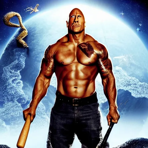 Image similar to movie poster of dwayne johnson with a baseball bat fighting king ghidorah outside a space station