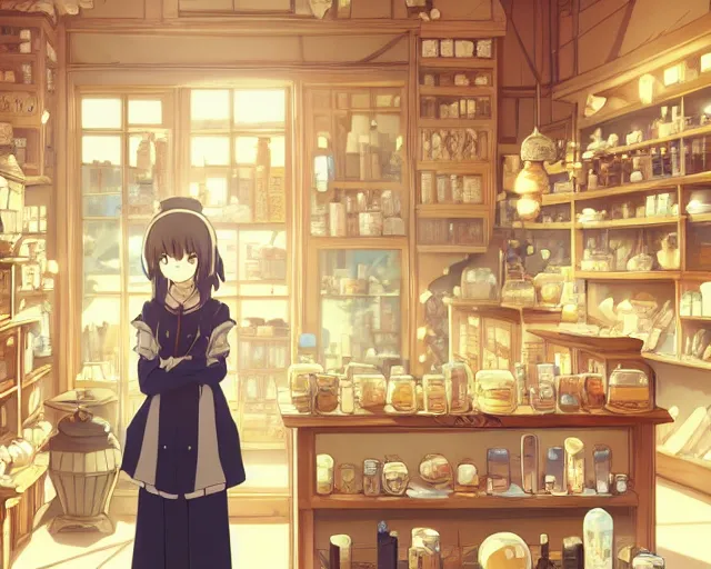 Image similar to anime visual, portrait of a young female traveler in a alchemist's shop interior, cute face by yoh yoshinari, katsura masakazu, studio lighting, dynamic pose, dynamic perspective, strong silhouette, anime cels, ilya kuvshinov, cel shaded, crisp and sharp, rounded eyes, moody