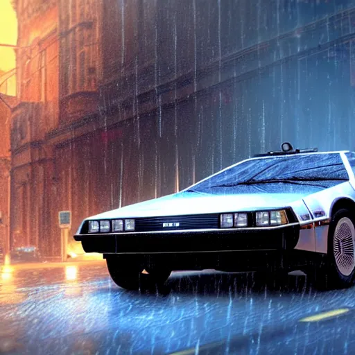 Prompt: hyperdetailed, photorealistic photograph of a dmc 1 2 delorean driving in the streets, rain, night, dense fog, hd, unreal engine 5 by greg rutowski, by stanley artgerm, by alphonse mucha