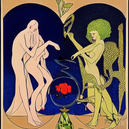 Prompt: rich by george barbier, by alex horley, by marius borgeaud kokedama. in the center of the mixed mediart is a large gateway that seems to lead into abyss of darkness. on either side of the gateway are two figures, one a demon - like creature, the other a skeletal figure.