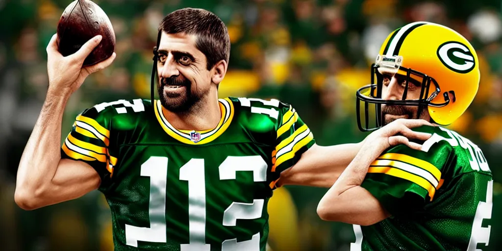 Prompt: Aaron Rodgers drinking ayahuasca on the sidelines of Lambeau Field, cgsociety, artstation, cinematic