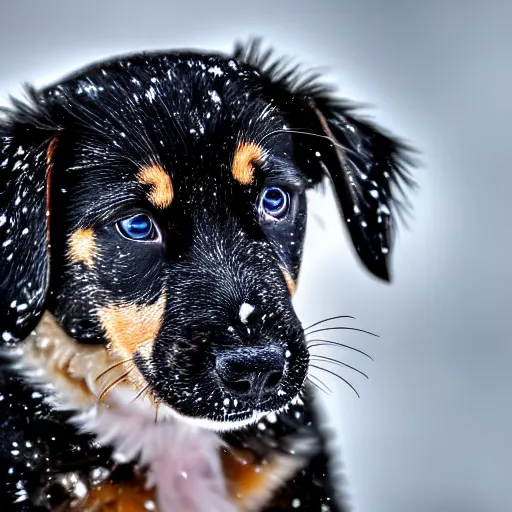 Image similar to Up close Photorealistic photograph of a cute puppy in snow, photorealism, photorealistic, realism, real, highly detailed, ultra detailed, detailed, shutter speed 1/1000, Canon EOS 90D, up-close, Wildlife Photographer of the Year, Pulitzer Prize for Photography, 8k