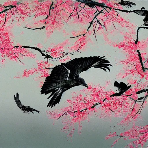Prompt: birds and sakura blossoms, by dave mckean and yoji shinkawa