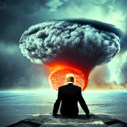 Image similar to trump sitting on a atom bomb falling into a hurricane, trending on artstation, photorealistic, high resolution, octane, unreal engine, digital,