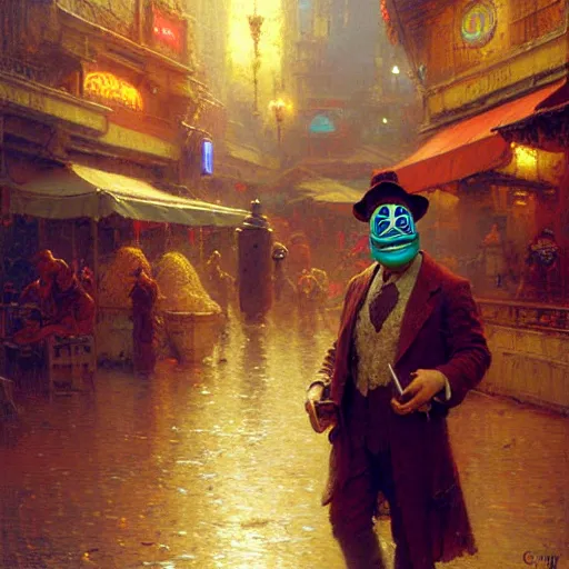 Image similar to the happy mask salesman in clock town. highly defined painting, highly detailed painting by gaston bussiere, craig mullins 8 k