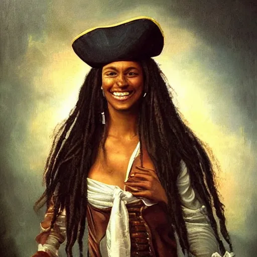 Prompt: oil painting, smiling, happy, beautiful, intelligent, caribbean, fierce, powerful, tanned, female pirate captain 2 8 years old, flowing long hair, fully clothed, wise, beautiful, masterful 1 7 2 0 s oil painting, dramatic lighting, sharp focus