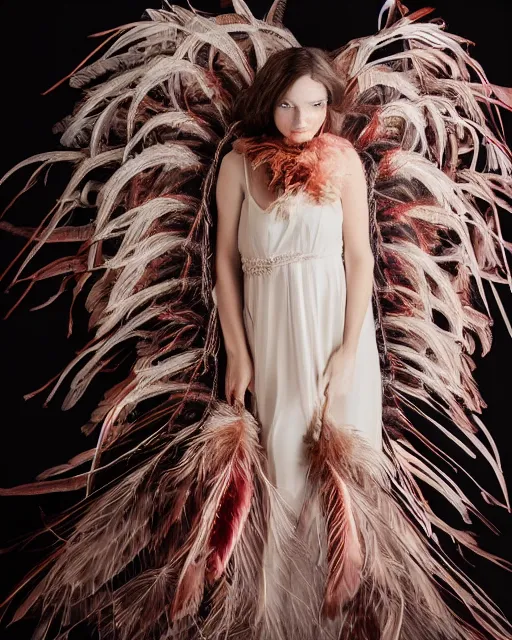 Image similar to beautiful girl with a dress of feathers photo 3 5 mm, studio light