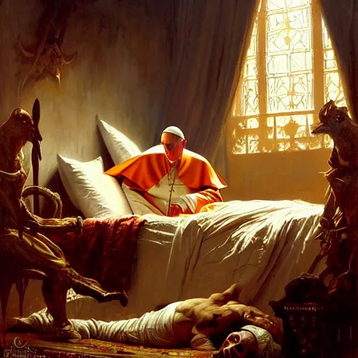 Image similar to the pope is in his bed, nervous and terrified, because a double horned shadow figure from hell is attacking him. highly detailed painting by gaston bussiere, j. c. leyendecker, greg rutkowski, craig mullins 8 k