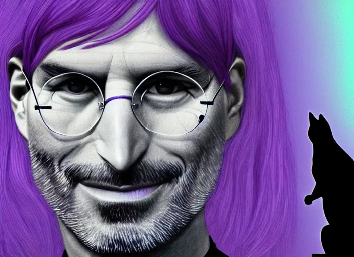 Image similar to steve jobs, a boy with purple hair and cat ears in front of the pyramids, hyperrealism, intricate, 8 k, high detail