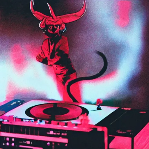 Prompt: devil dj with hand on record spinning