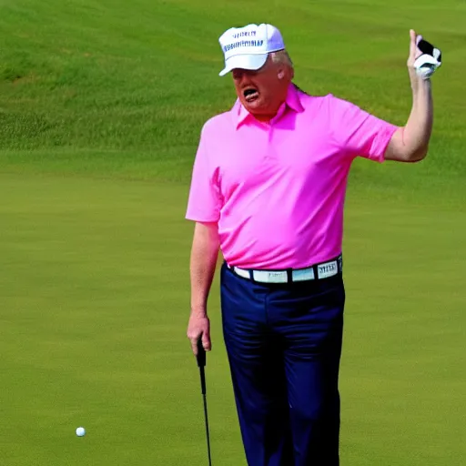 Image similar to donald trump wearing a pink mankini playing golf