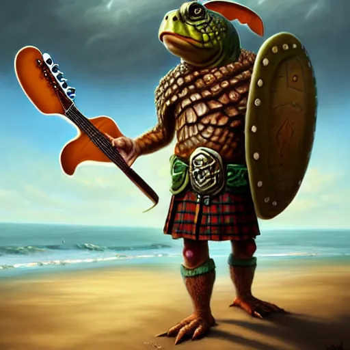 Prompt: an anthropomorphic turtle, wearing a kilt, both arms holding a fender stratocaster guitar, walking up the sandy beach, DnD character art portrait, matte fantasy painting, DeviantArt Artstation, by Jason Felix by Steve Argyle by Tyler Jacobson by Peter Mohrbacher, cinematic lighting