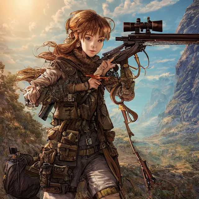 Image similar to the portrait of lawful neutral semi - colorful female infantry sniper as absurdly beautiful, gorgeous, elegant, young woman looking up, an ultrafine hyperdetailed illustration by kim jung gi, irakli nadar, intricate linework, bright colors, octopath traveler, final fantasy, unreal engine 5 highly rendered, global illumination, radiant light, detailed and intricate environment