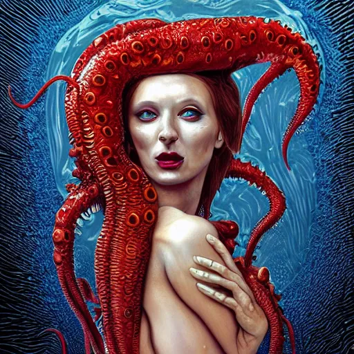 Image similar to scorn giger venom alien doom zdislaw bekinski horror hell alien tentacles satan fire flame octopus, beautiful underwater redhead ballerina portrait as a belly dancer, pixar style, by tristan eaton stanley artgerm and tom bagshaw.