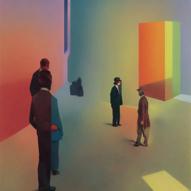 Image similar to portrait rainbow people, Edward Hopper and James Gilleard, Zdzislaw Beksinski, highly detailed