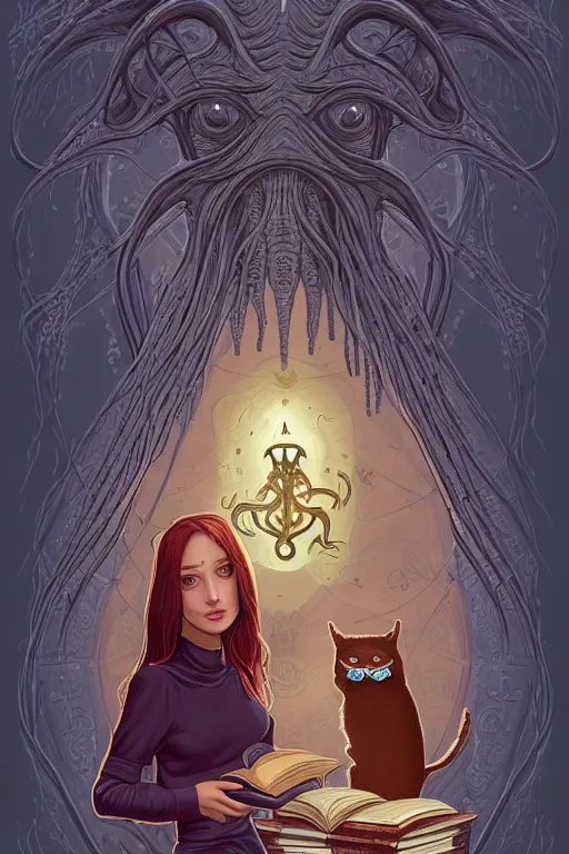 Image similar to ai illustration of romantic girl, her cat and her book of necronomicon, symmetrical, cinematic, sharp focus, 4 k, ultra hd, sense of awe, sinister demonic atmosphere, dreadful, forbidden knowledge, old gods, cthulhu, yog - sothoth! yah, yah, yah! cultist journal cover