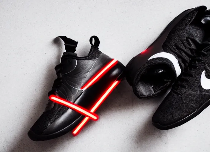 Image similar to product still of Darth Vader signature Nikes, metallic black with white stripes and a glowing red swoosh, 85mm f1.8