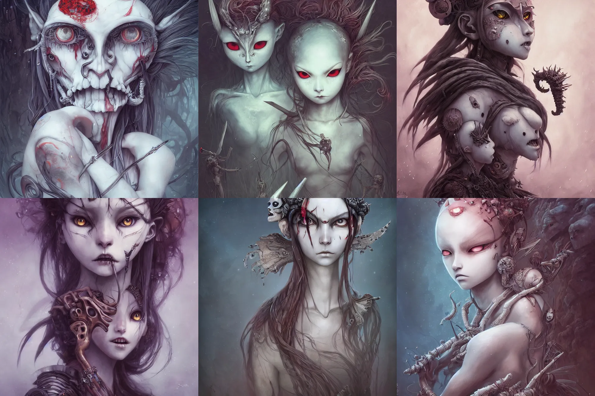 Prompt: detailed, sharp, portrait of a cute humanoid female warriors wearing skulls by Anna Dittmann and by studio ghibli and Tim Burton and Junji Ito and Zdzislaw Beksinski. digital art. surreal. featured on art station. anime arts. featured on Pixiv, HD, 8K, highly detailed, good lighting