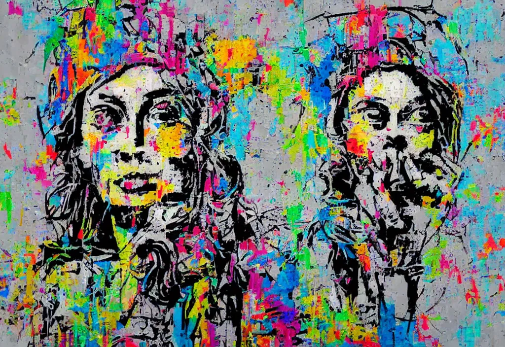 Image similar to full color banksy graffiti with statement of ai art is not art, detailed, realistic, glitch art effect