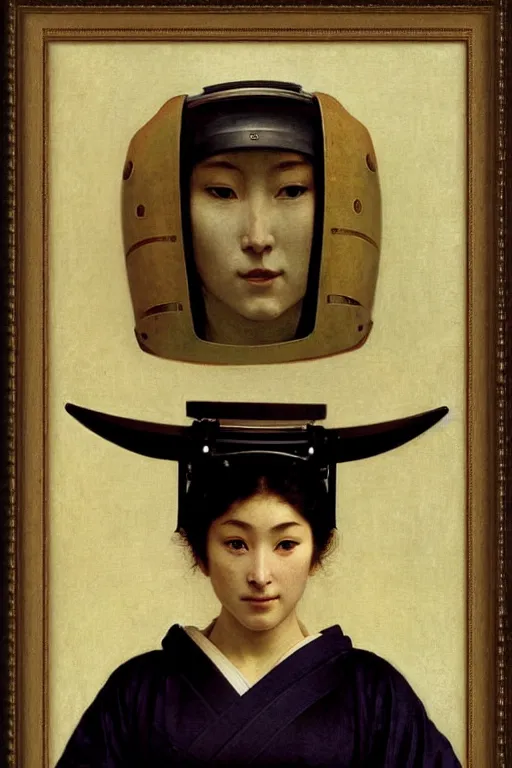 Image similar to portrait of an ancient human species women in samurai astronaut helmets, by bouguereau