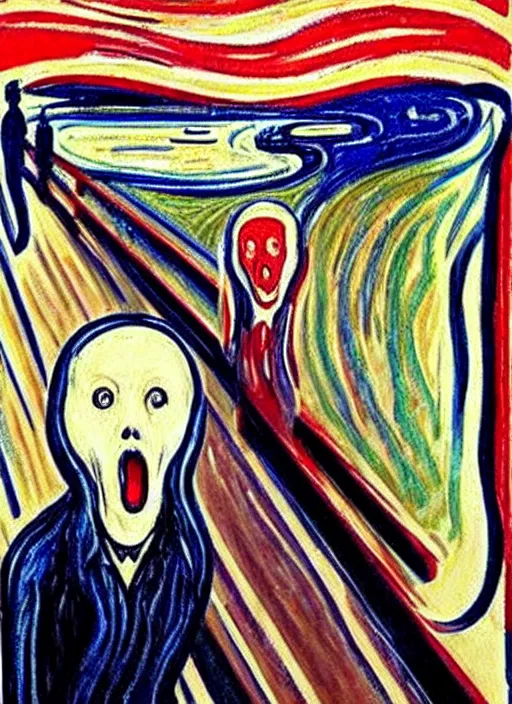 Image similar to oil painting of The Scream !!taking a seflie!! with an iPhone!! by Edvard Munch