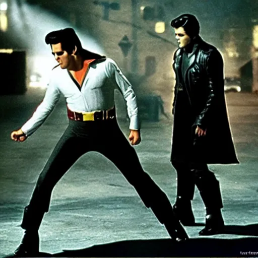 Prompt: elvis starring in batman vs. superman ( 2 0 1 6 ) 3 5 mm production photo