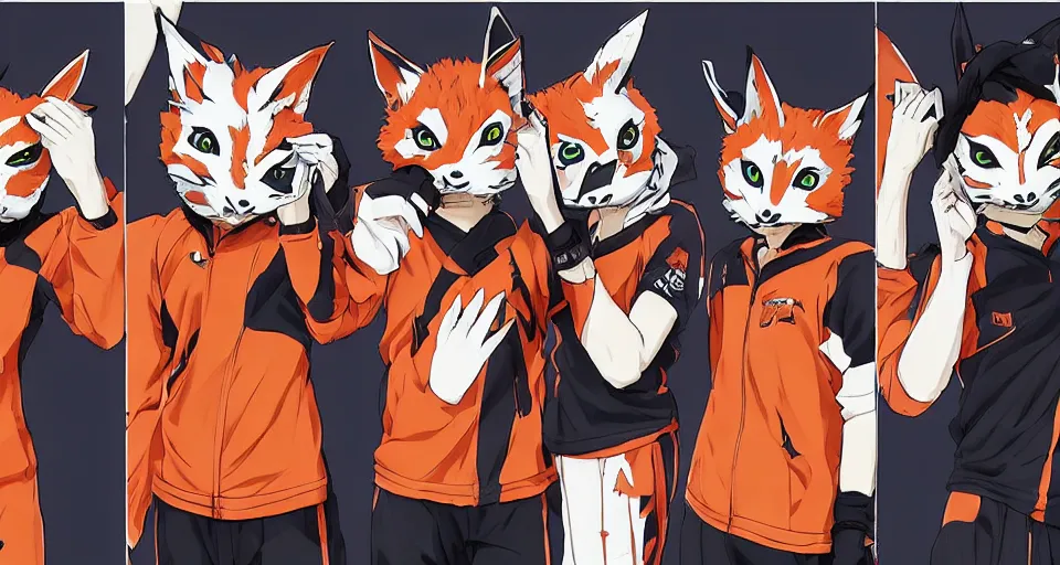 Image similar to Haikyuu wearing mirrors-edge style clothes and a kitsune mask.